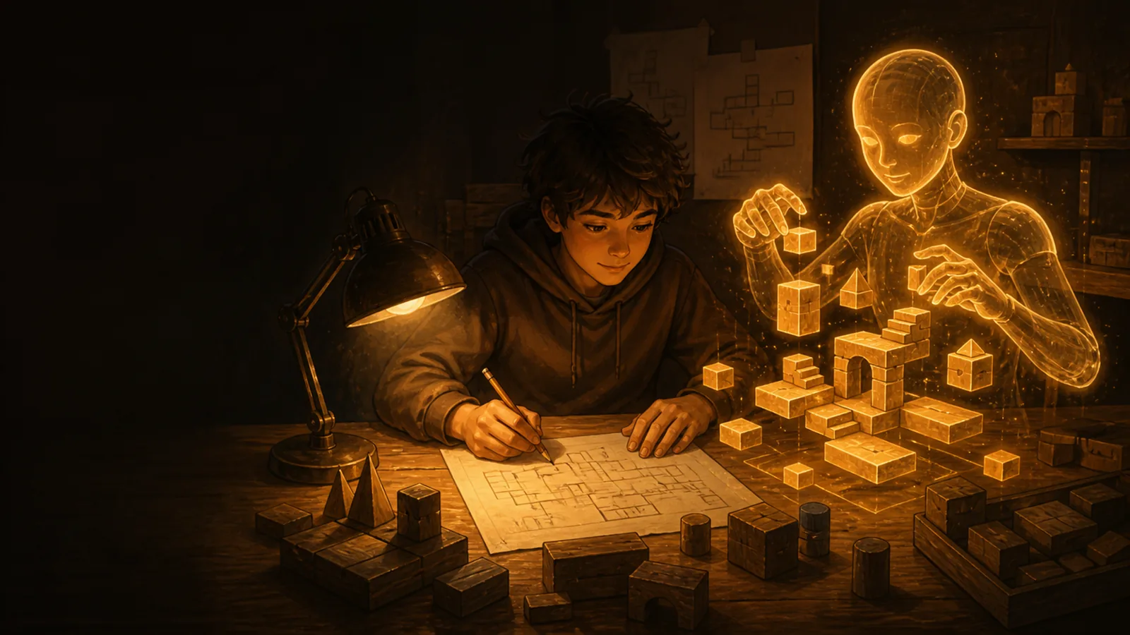 Illustration: a teenager sketches a level layout at a desk lamp while a translucent AI companion builds the same layout out of floating blocks