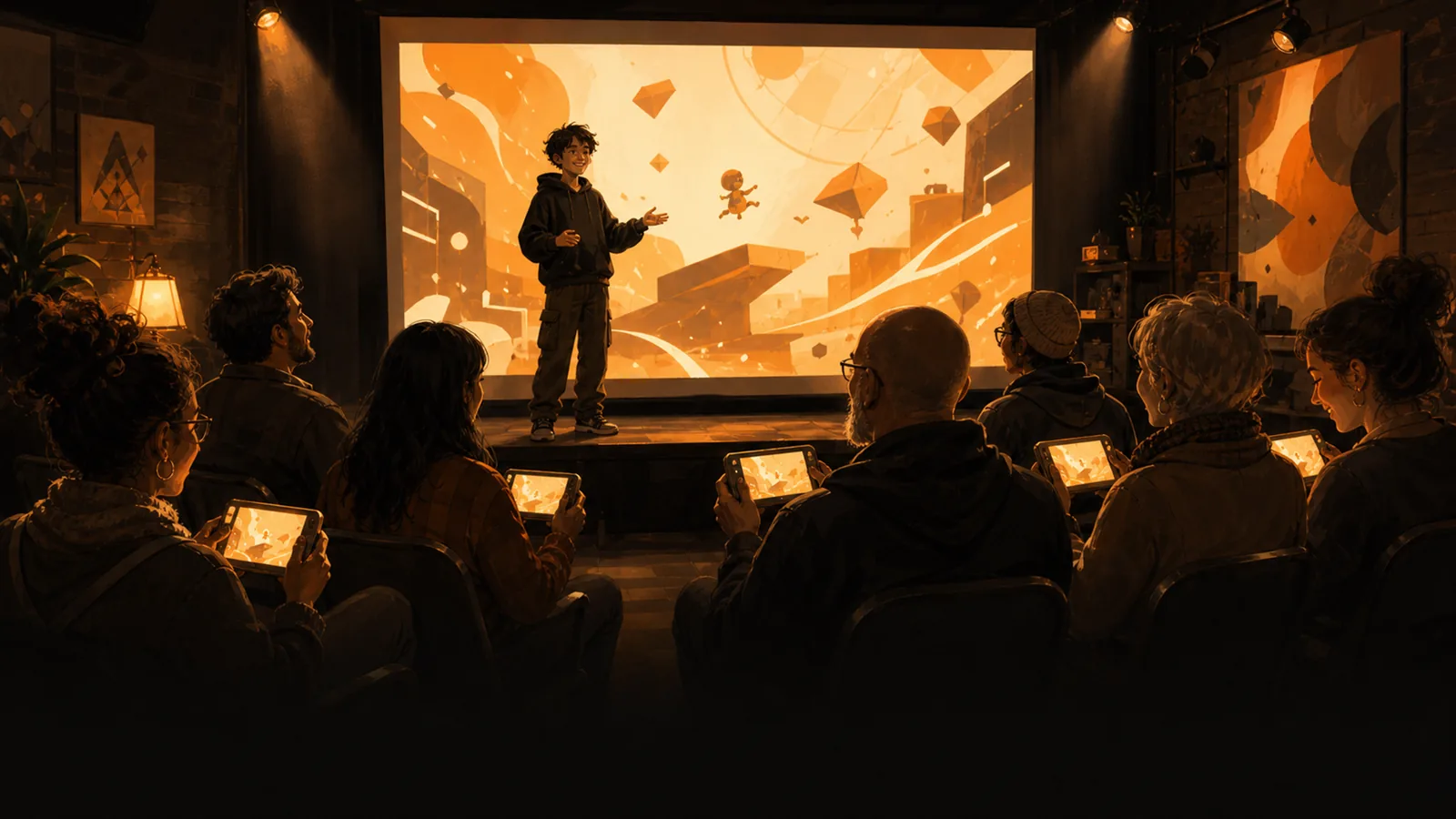 Illustration: a student presents their game on a small stage while parents and reviewers try it on handhelds