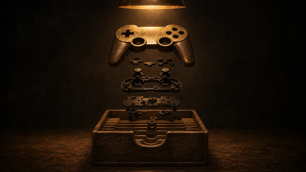Teardown library illustration: a game controller and a stack of code blocks gently pulled apart into floating layers, each sliding into a glowing archive slot below