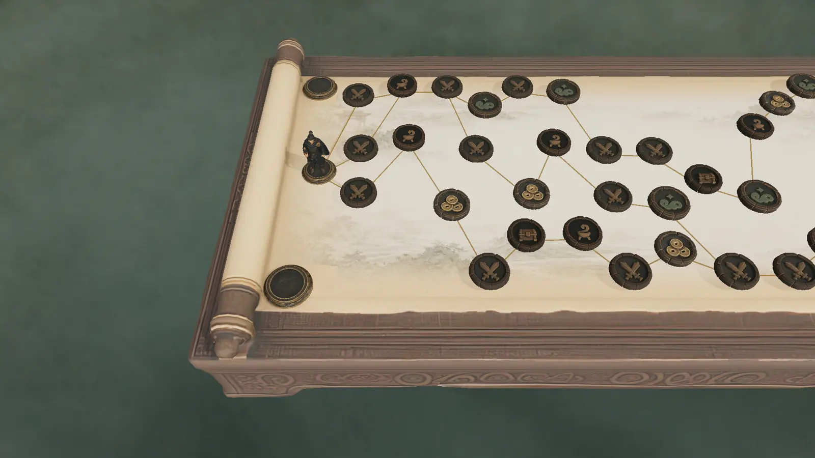 Chess of the Hidden Gates map: circular nodes joined by gold lines across an unrolled scroll, branching forward