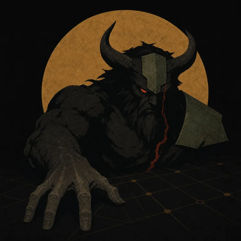 Bingzhu · Lord of War concept art: a black giant in a golden mask rises half-length from a shattered altar, a massive weapon in hand