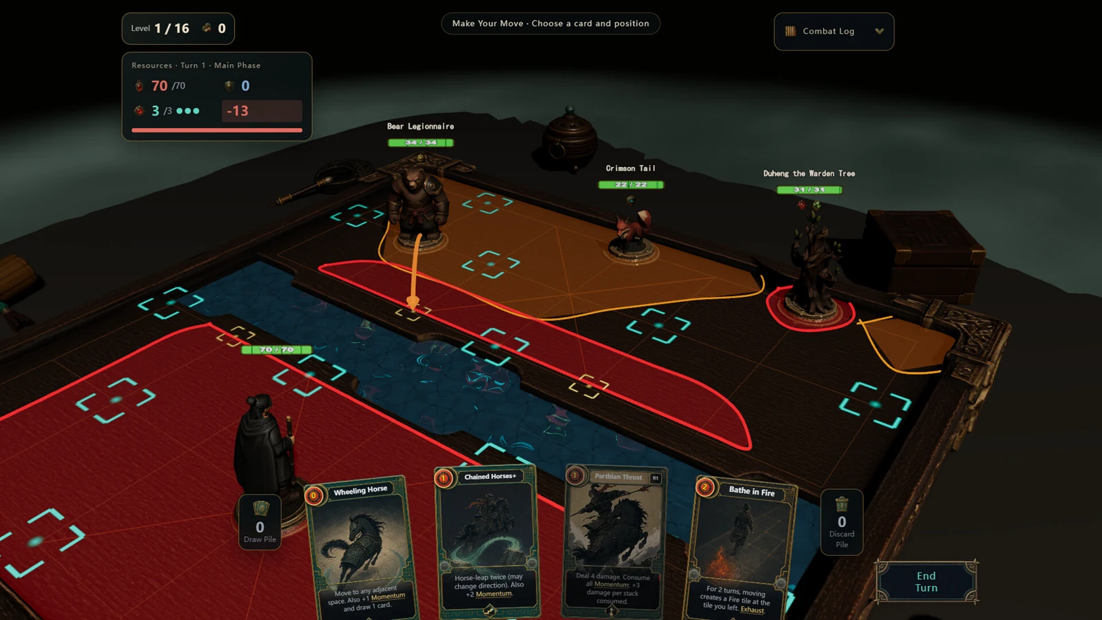 In-game screenshot: a battle in progress on the wooden board — red, blue and fire tiles interlocking, with the Bear Legionnaire, Crimson Tail and Duheng the Warden Tree holding their squares, and the hand showing Wheeling Horse, Chained Horses and other cards