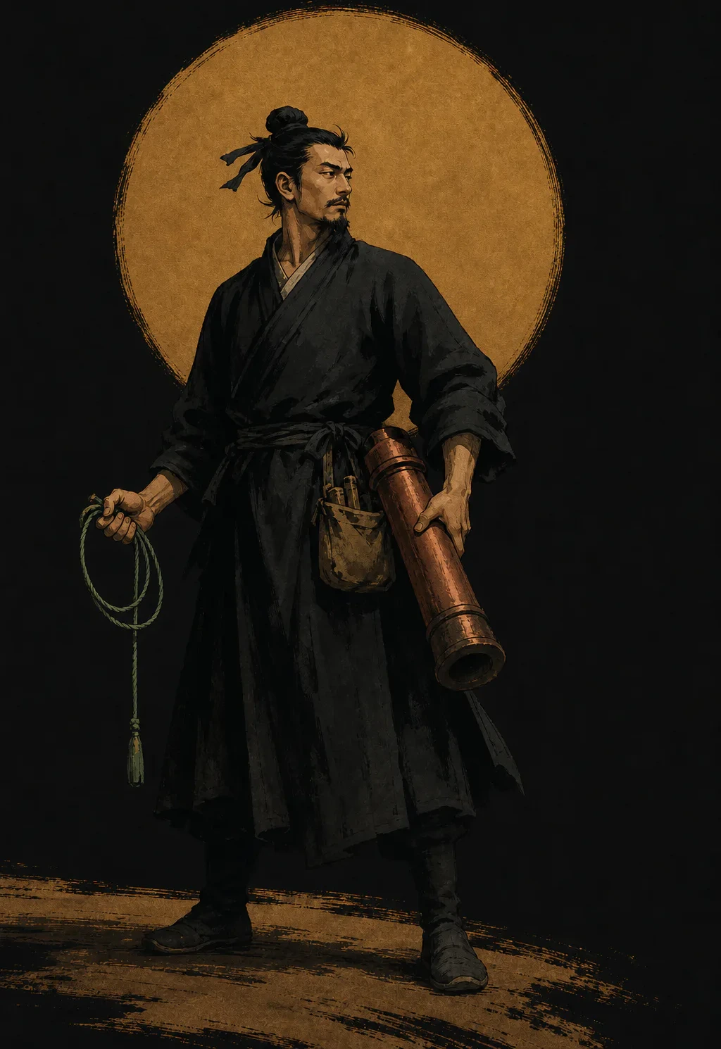The Living Eye · Cannon Adept concept art: a topknotted warrior crouches beside a stone rampart holding a compass, a dragon-etched bronze cannon mounted at his side
