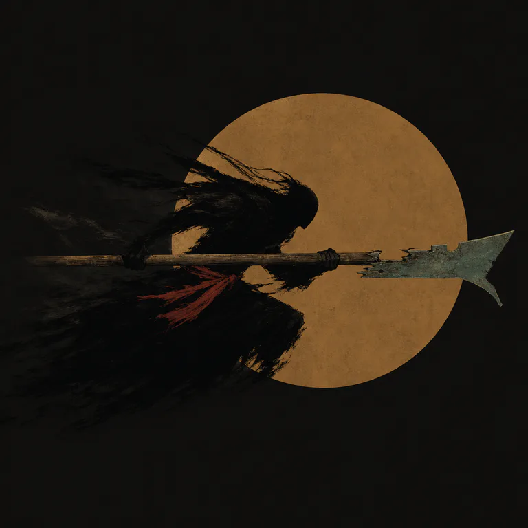 Tianchong · Broken Halberd concept art: a colossal broken bronze halberd suspended in dark skies, molten red light seeping from its cracks