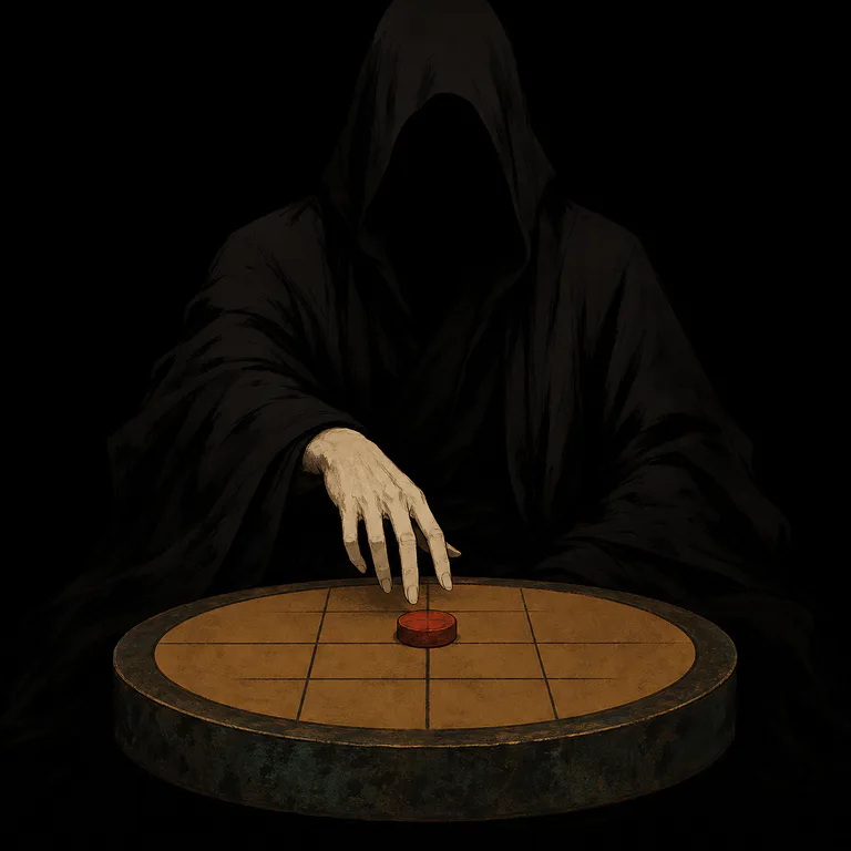 Tianfu · Fallen Sage concept art: a gray-white robed figure kneels before a bronze chessboard, a talisman card raised in one hand, a piece in the other