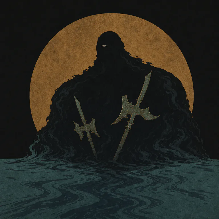 Tianpeng · Lord of Black Water concept art: a pitch-black viscous water giant rises from a red-black surface, its body wrapped in broken armor shards