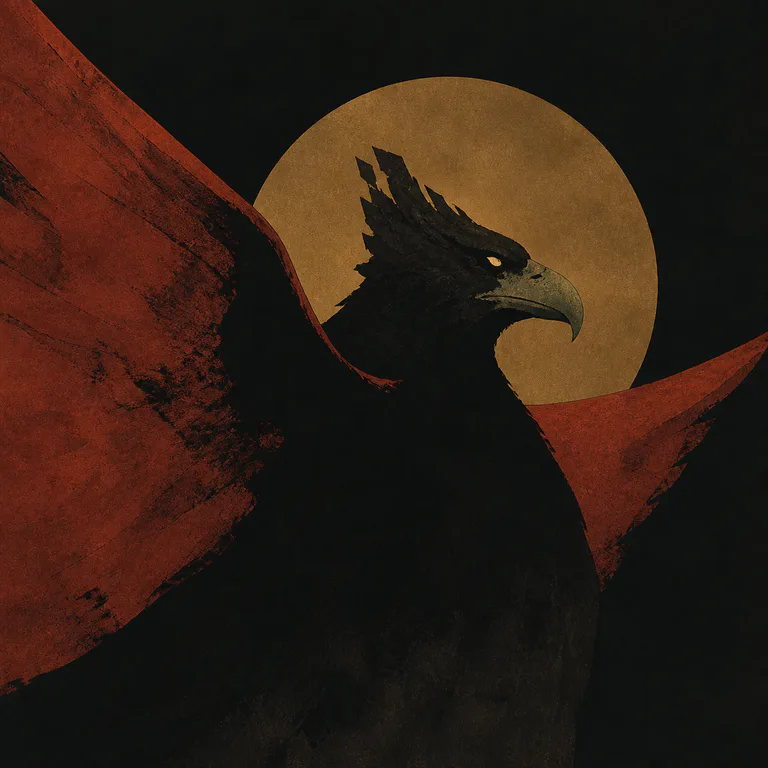 Tianqin · Carrion King concept art: a giant eagle in bronze scale-feathers spreads its wings atop a pile of bones and broken helms, crows sweeping through dark clouds
