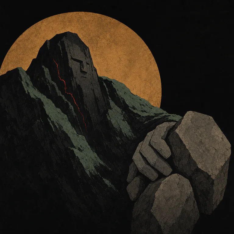 Tianren · Mountain Spirit concept art: a rock giant carrying a dead tree hangs across a canyon, golden light leaking from caves in the mountainside