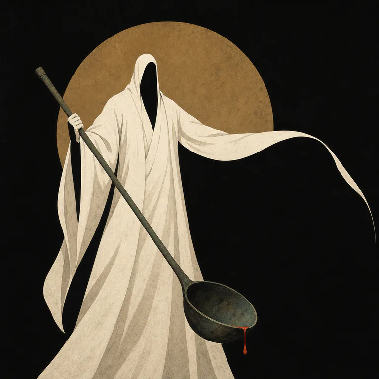 Tianxin · False Saint concept art: a white-robed figure with a compassionate smile stands in ruins, holding a glowing bronze ladle