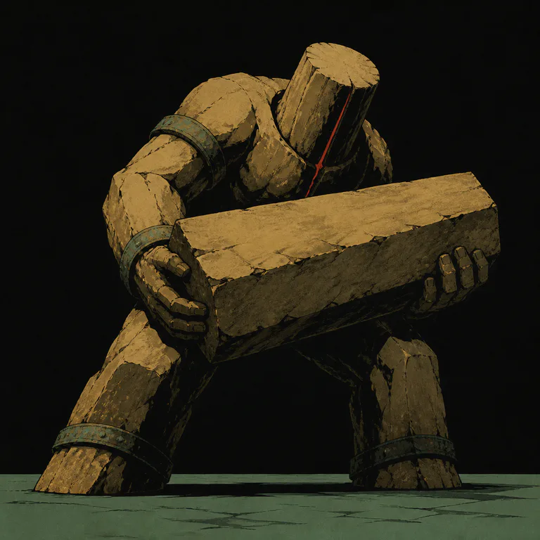 Tianzhu · Pillar Giant concept art: an inscription-covered bronze pillar turned giant rises from ruins, its beast-head eyes glowing gold
