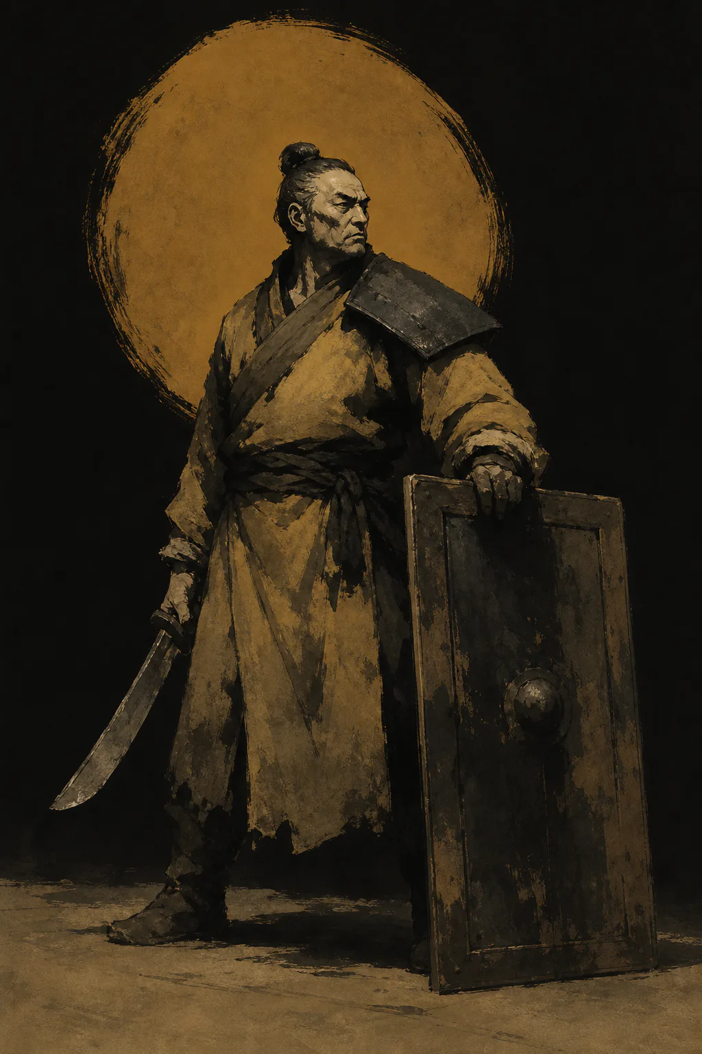The Last Pawn · Pawn Commander concept art: a white-haired veteran in bronze scale armor, halberd in one hand, a beast-faced greatshield planted before an earthen rampart